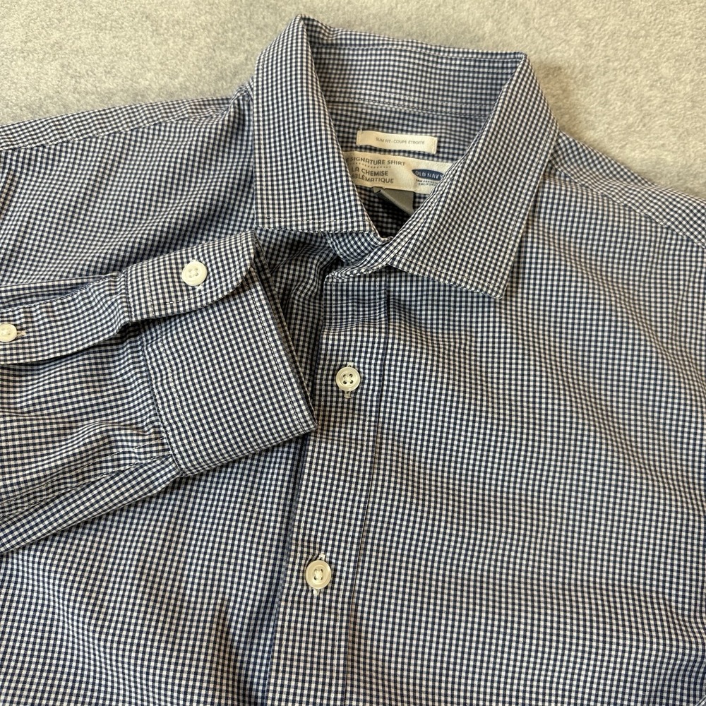 Old Navy Signature Shirt Mens‎ M Blue Gingham Button Up Slim Fit Stretch Cotton
